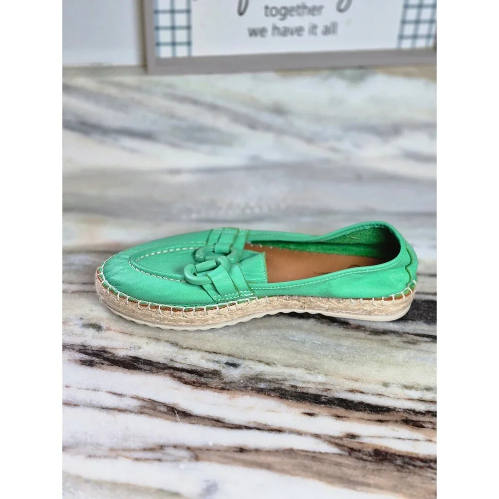 42 Gold Alberta Green Leather Espadrille Loafers Horsebit Detail 37 EU Womens